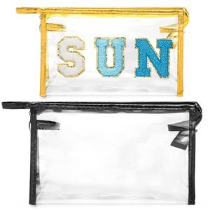 Clear Sun Makeup Bag - 2pcs Preppy Blue Sun Chenille Varsity Letter Cosmetic🫱